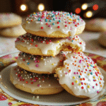 Close-up of Italian ricotta cookies with glossy glaze and sprinkles, one cookie broken to show tender crumb