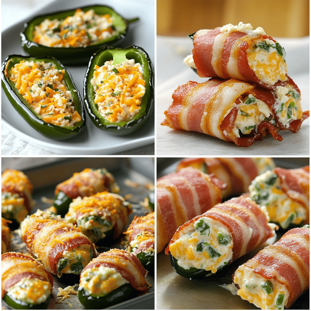 Four-panel collage showing prepping jalapeños, mixing cheese filling, wrapping with bacon, and baked poppers on a tray