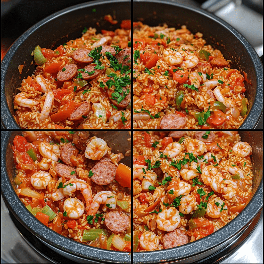 Four-panel collage showing browning sausage and chicken pieces, sautéing vegetables, simmering rice with broth, and finishing with shrimp and parsley