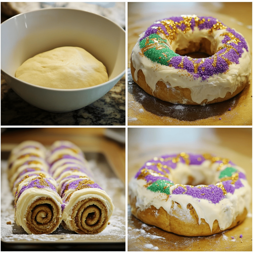 Four-panel collage showing kneading dough, rolling with cinnamon filling, shaping into a ring and rising, and finished iced king cake with colorful sugar