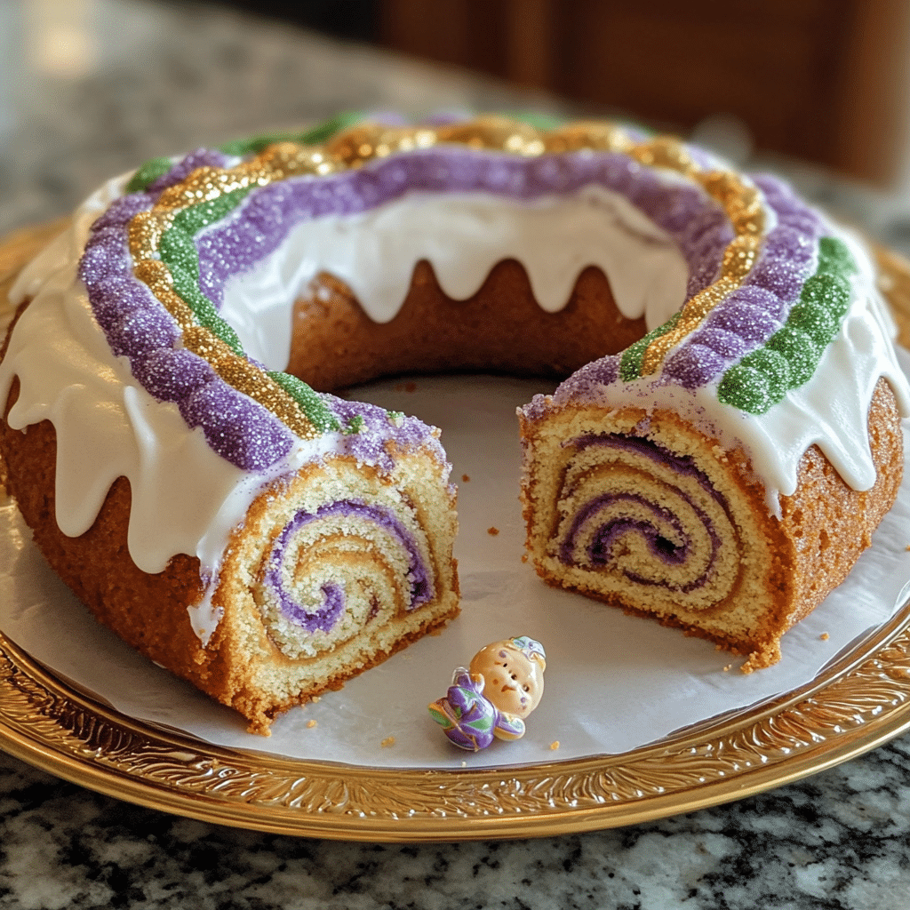 Close-up of king cake with icing and purple green gold sugar, sliced to show soft cinnamon swirl