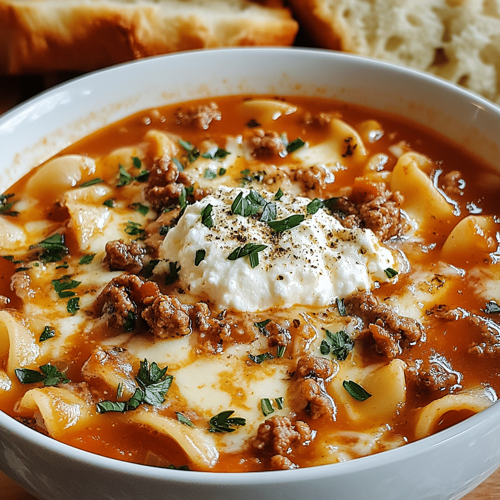 Close-up of lasagna soup with noodle pieces, beef crumbles, mozzarella, and a ricotta dollop on top