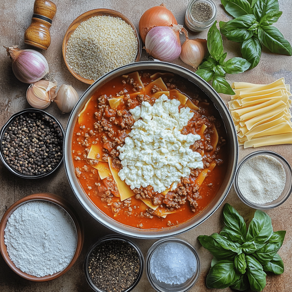 Overhead ingredients for lasagna soup including ground beef, tomatoes, broth, broken lasagna noodles, ricotta, mozzarella, and seasonings