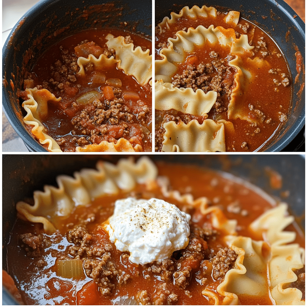 Four-panel collage showing browning beef, simmering broth, cooking noodle pieces, and serving with cheesy toppings