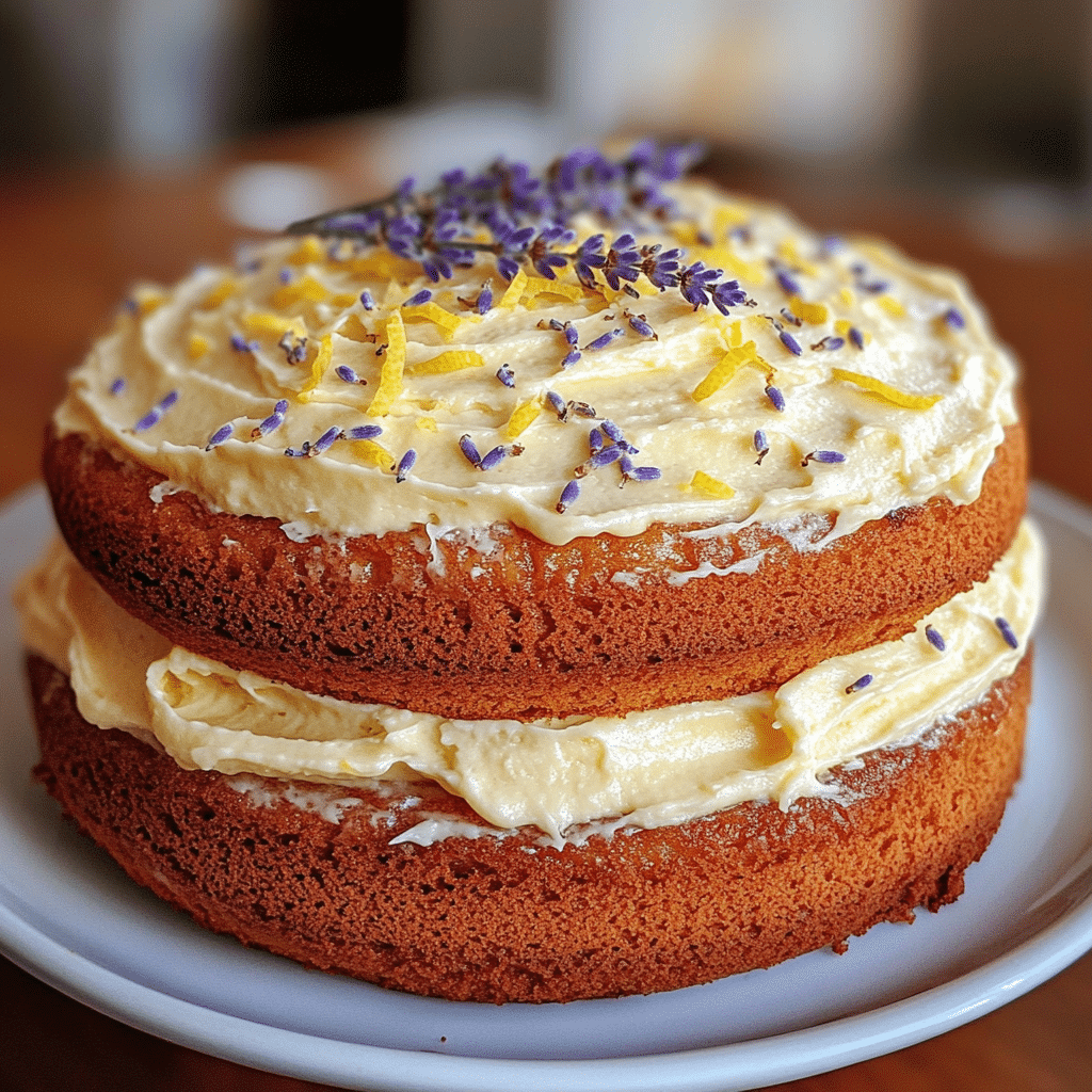 Lavender lemon cake topped with lemon zest and lavender sprigs