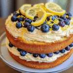 Lemon blueberry layer cake with blueberries, frosting, and lemon slices on top