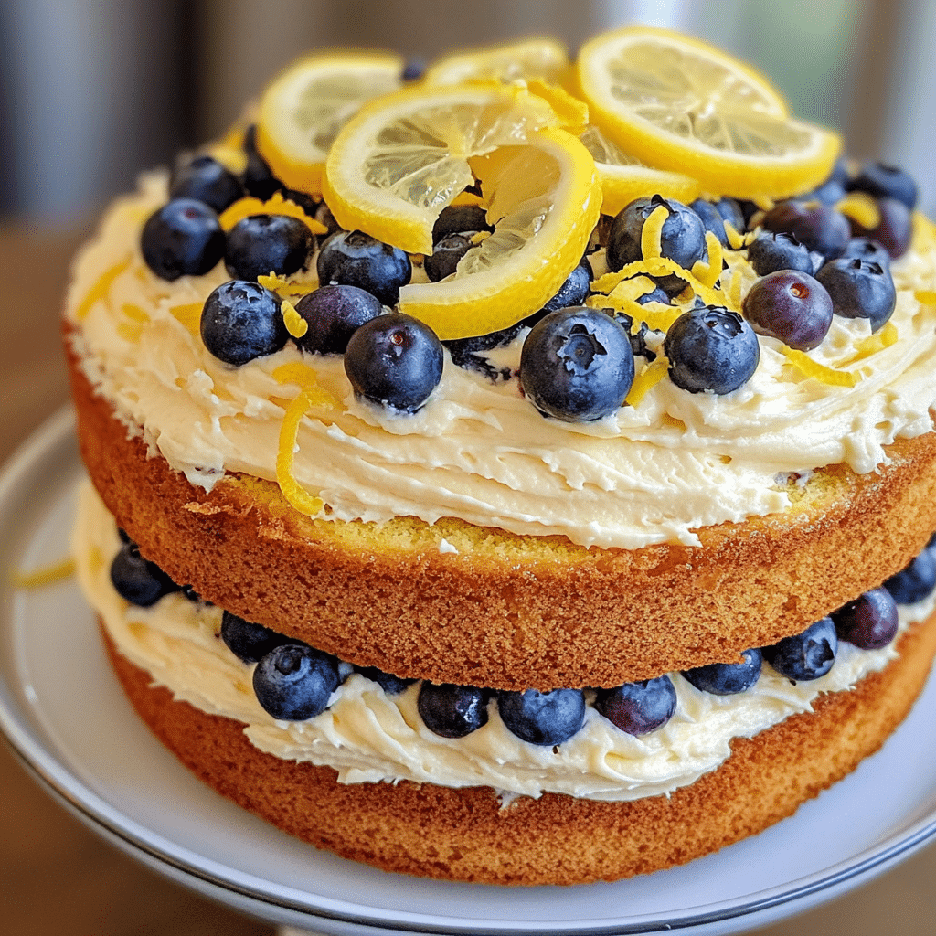 Lemon blueberry layer cake with blueberries, frosting, and lemon slices on top