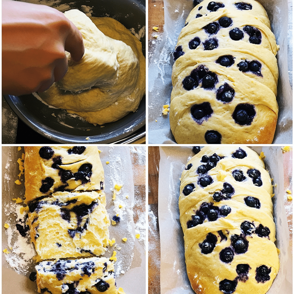 Four-panel collage showing mixing, stretch and folds, adding blueberries, and baked lemon blueberry sourdough bread