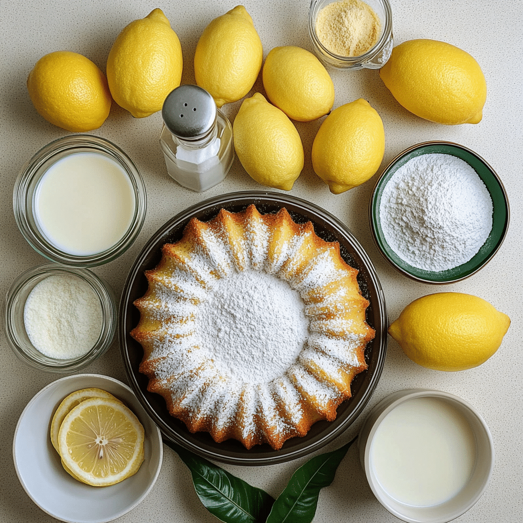 Overhead ingredients for lemon bundt cake including lemons, butter, eggs, sour cream, flour, sugar, and powdered sugar glaze ingredients