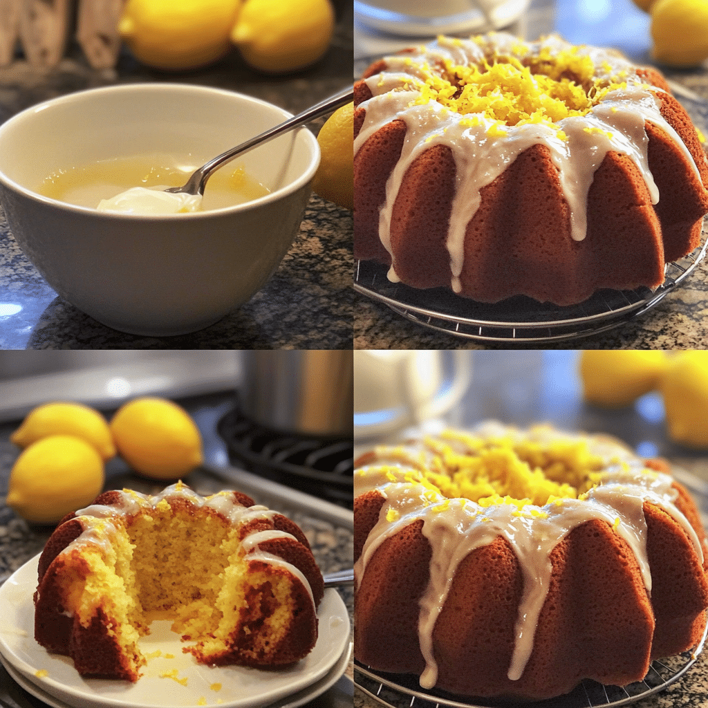 Four-panel collage showing zesting and mixing, batter in bundt pan, baked cake turned out, and glaze drizzled over the cake