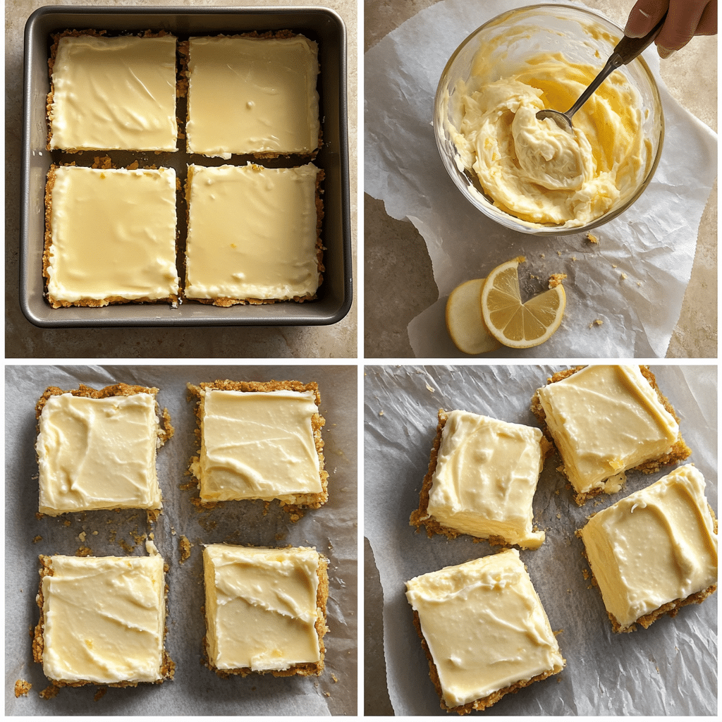 Four panel collage showing crust pressing, mixing filling, pouring into pan, and sliced lemon cream cheese bars