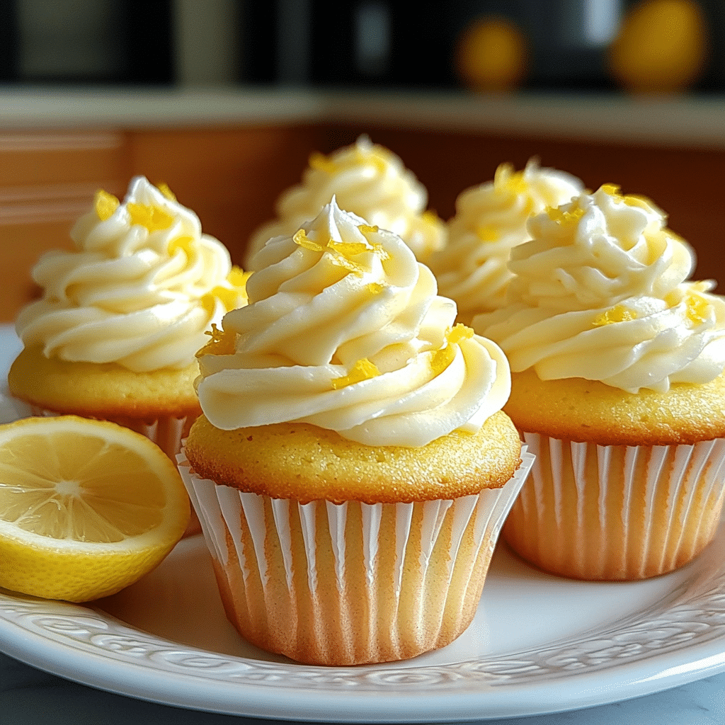 Lemon cupcakes with lemon buttercream and zest on top, arranged on a plate