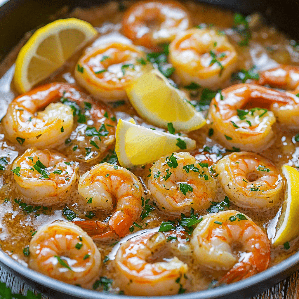 Lemon garlic butter shrimp served with lemon wedges and fresh parsley in a skillet