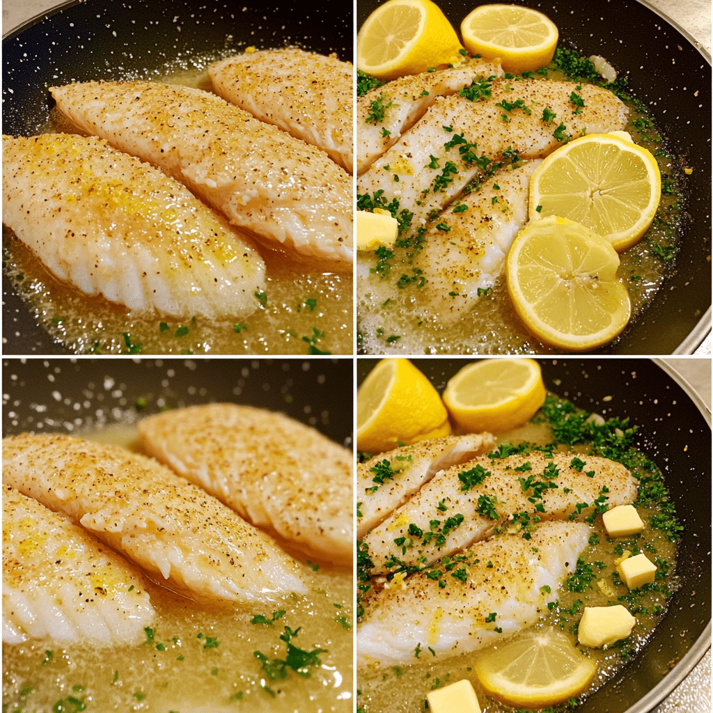 Four panel collage showing seasoning tilapia, searing in a skillet, making lemon garlic butter sauce, and serving