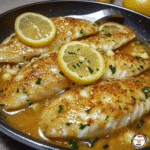 Lemon garlic tilapia fillets cooked in a skillet with lemon slices and parsley