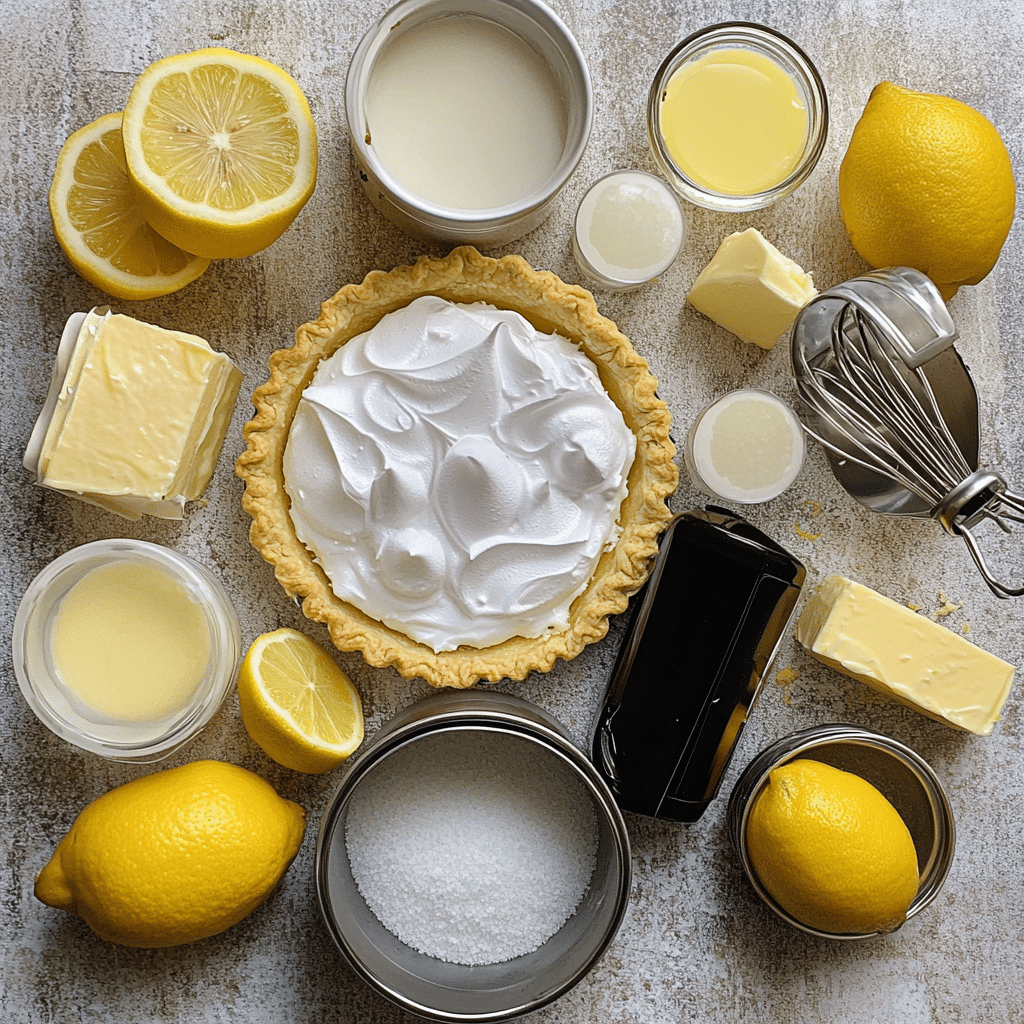 Overhead ingredients for lemon meringue pie including baked crust, lemons, sugar, cornstarch, eggs, butter, and meringue ingredients
