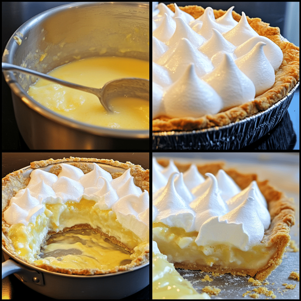 Four-panel collage showing thickening lemon filling, adding yolks and butter, filling crust, and topping with whipped meringue baked to toast
