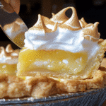 Close-up of lemon meringue pie with toasted meringue peaks and a slice showing bright lemon filling and flaky crust