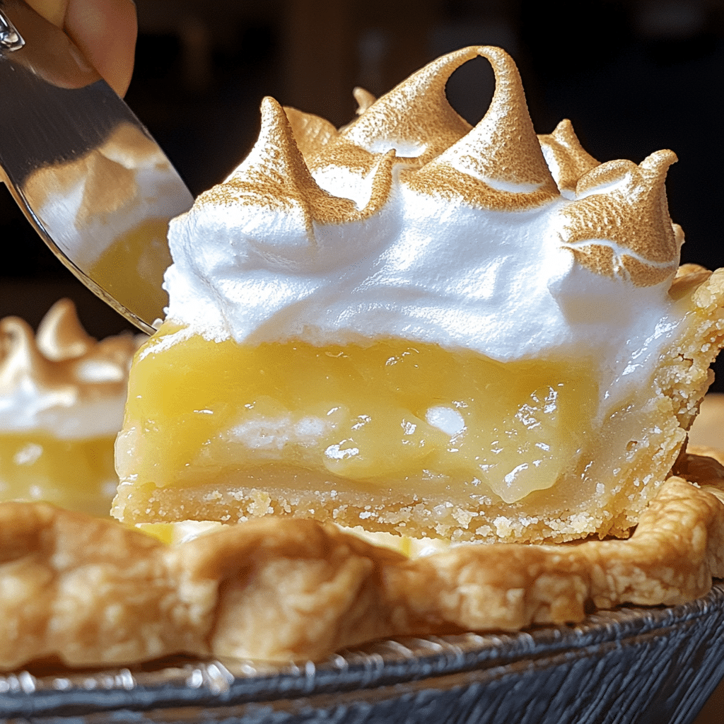 Close-up of lemon meringue pie with toasted meringue peaks and a slice showing bright lemon filling and flaky crust