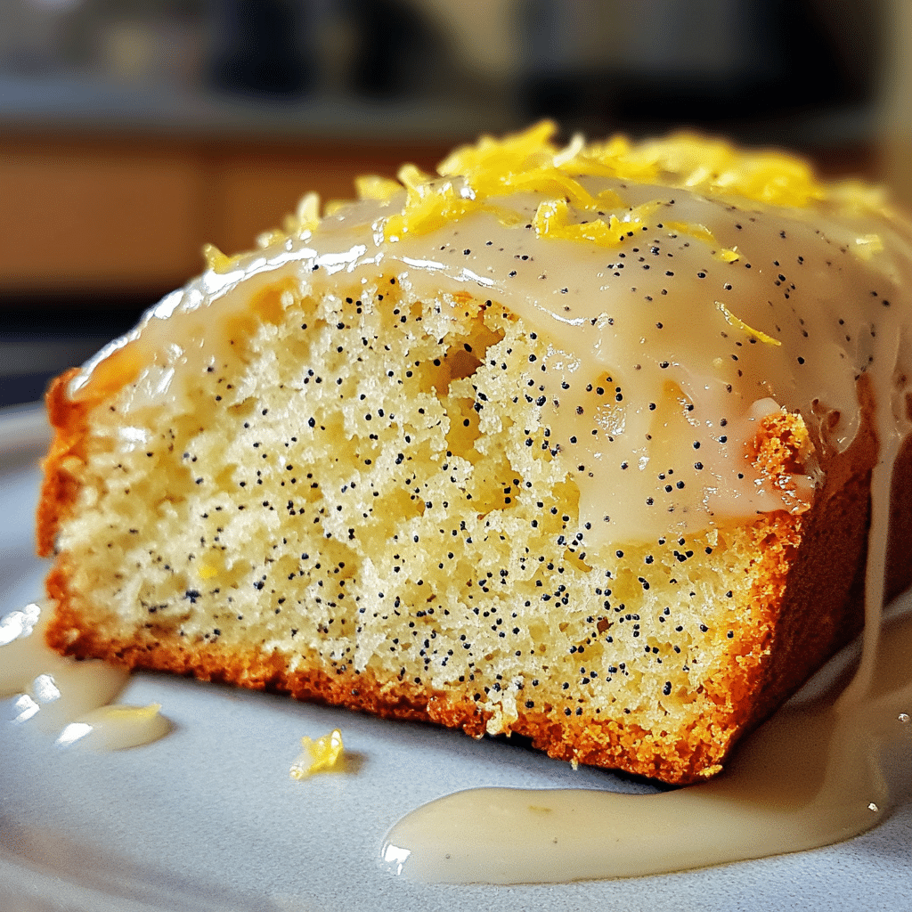 Slice of lemon poppy seed bread with lemon glaze and poppy seeds