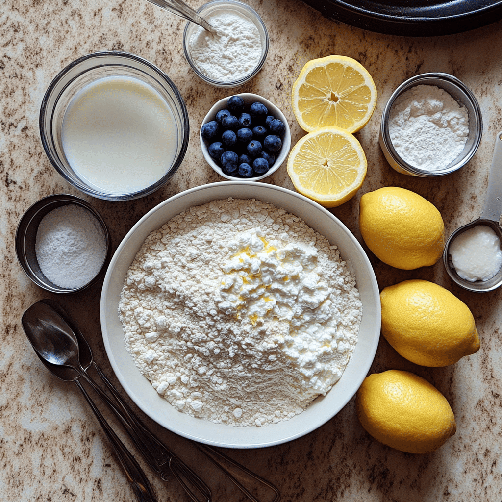 Ingredients for lemon ricotta pancakes including flour, milk, eggs, ricotta, and lemons