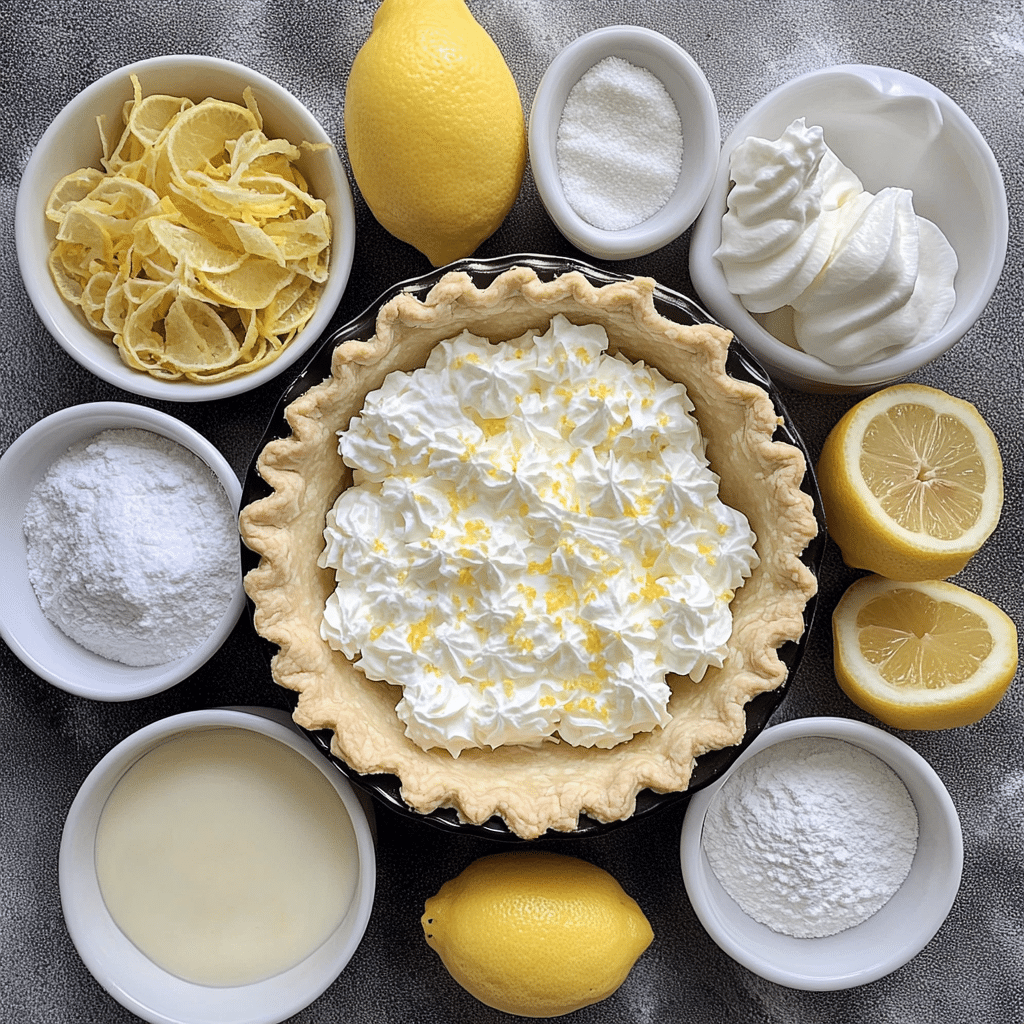 Overhead ingredients for lemon sour cream pie including pie crust, eggs, sugar, lemon juice, lemon zest, sour cream, and baking staples