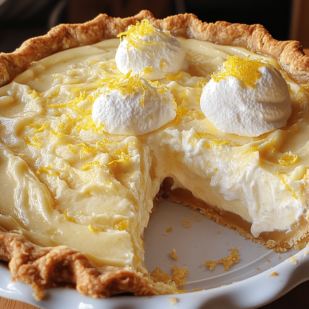 Close-up of lemon sour cream pie with flaky crust and creamy lemon filling, slice removed to show smooth texture