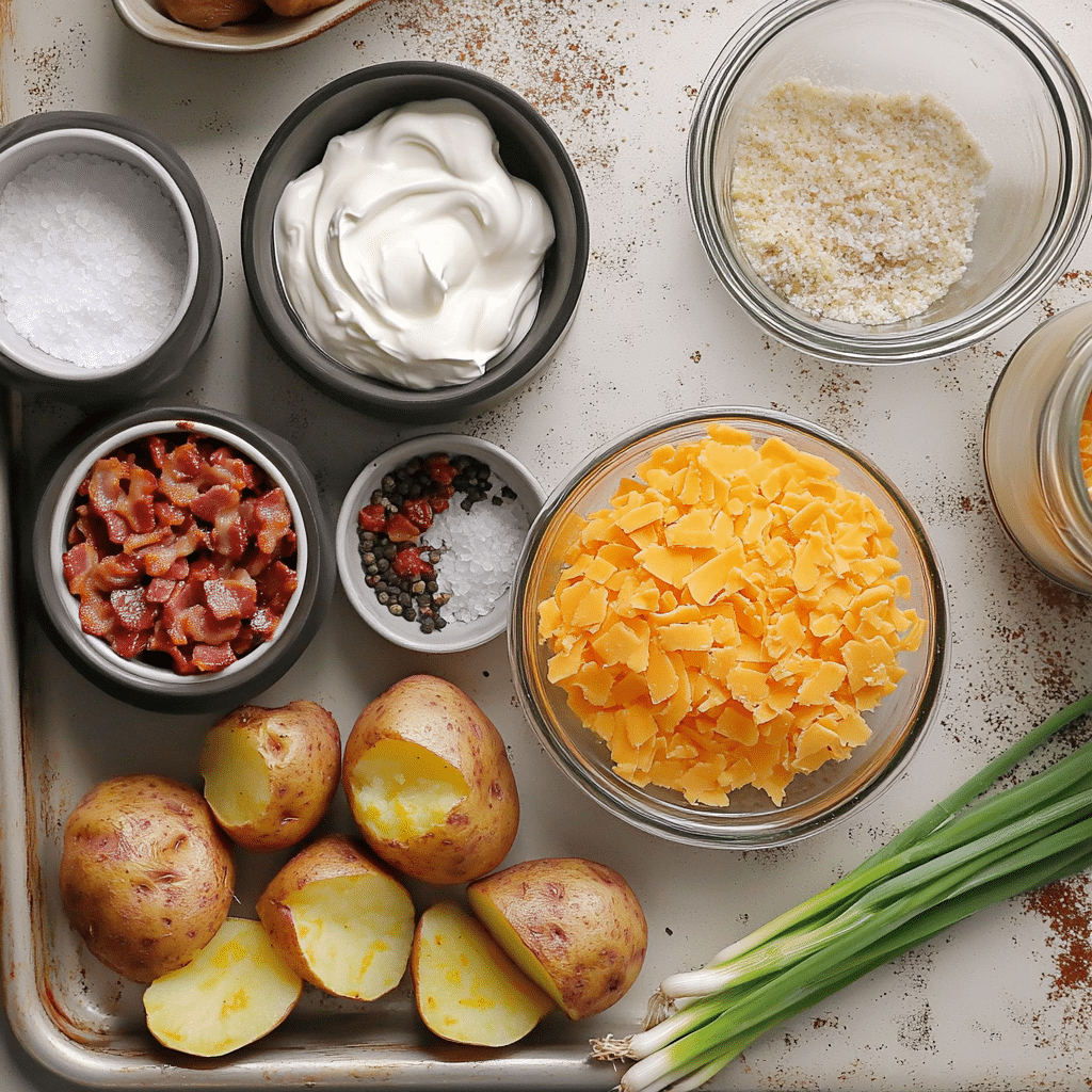 Overhead ingredients for loaded potato skins including russet potatoes, shredded cheddar, bacon crumbles, green onions, and sour cream