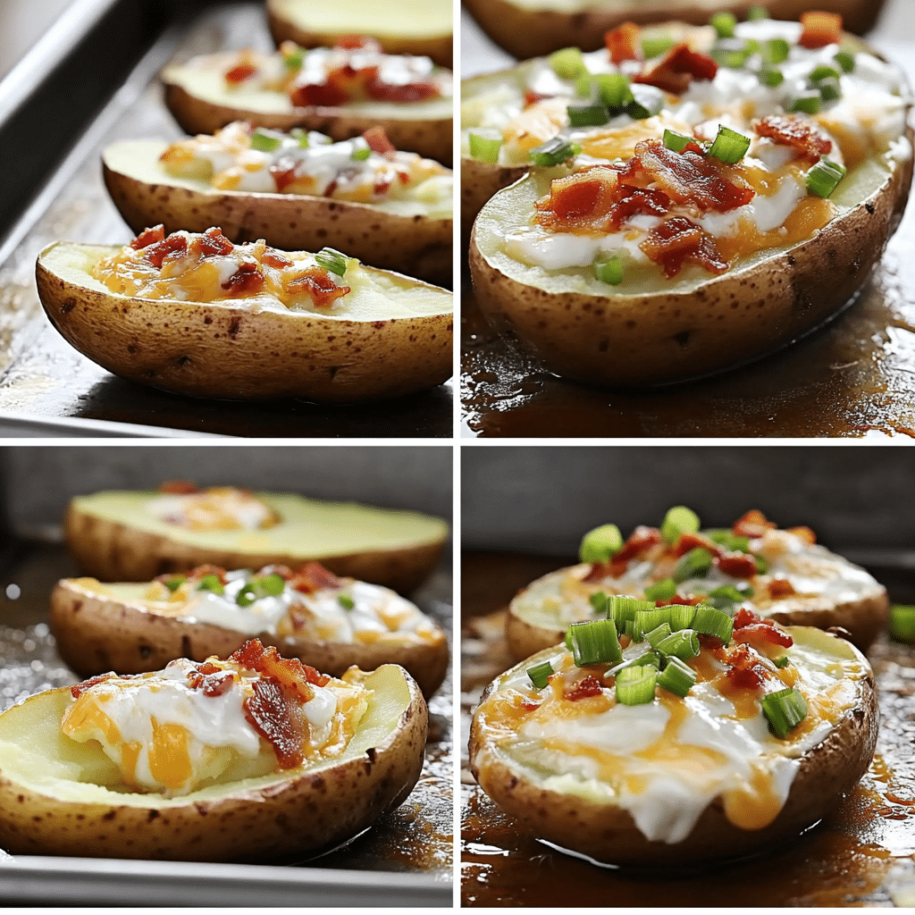 Four-panel collage showing baking potatoes, scooping shells, crisping and topping, and finished loaded potato skins