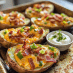 Close-up of loaded potato skins with melted cheese, bacon crumbles, green onions, and sour cream on the side