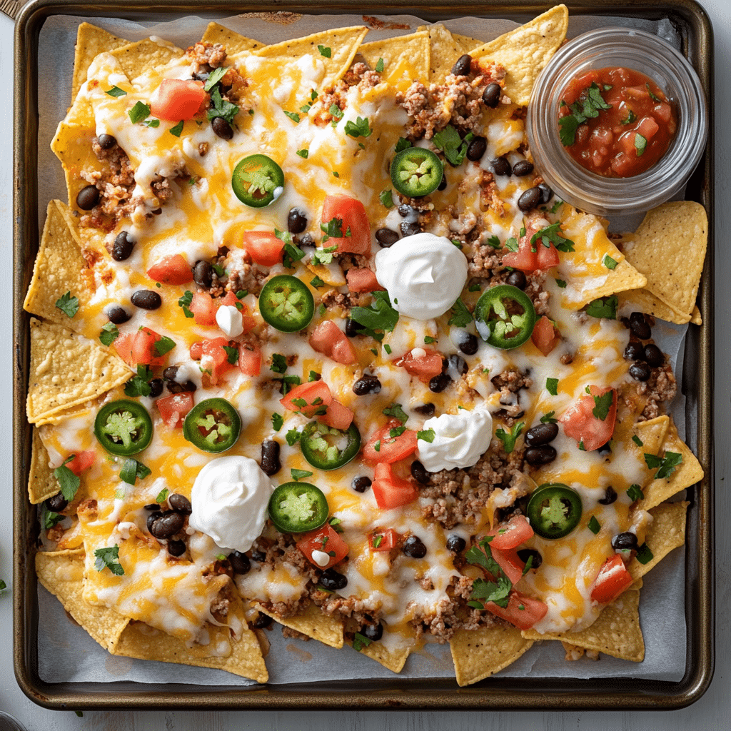Overhead sheet pan nachos with melted cheese, seasoned beef, beans, tomatoes, and green onions
