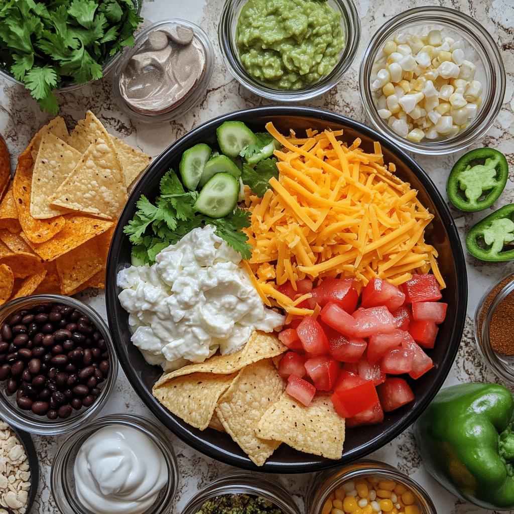 Ingredients for loaded veggie nachos including tortilla chips cheese beans corn peppers tomatoes and toppings