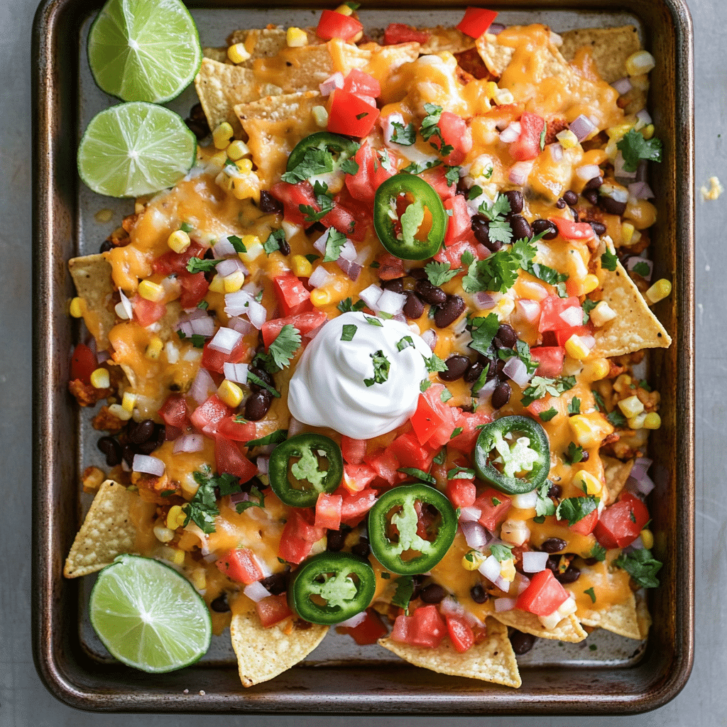 Sheet pan loaded veggie nachos with cheese black beans corn peppers tomatoes and sour cream