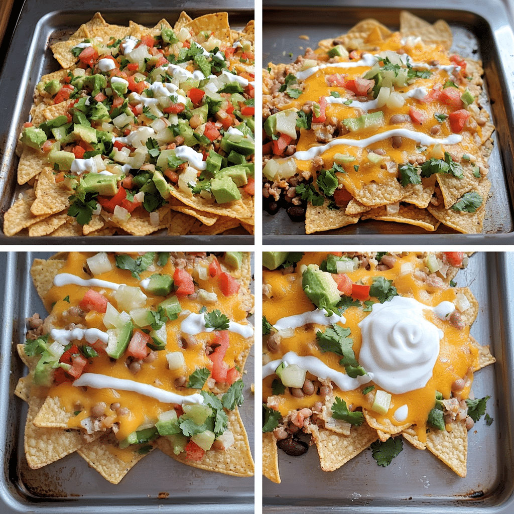 Four panel collage showing layering nachos on a sheet pan baking and topping with sour cream and salsa
