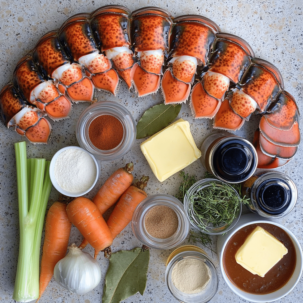 Lobster tails, vegetables, tomato paste, stock, cream, and spices for lobster bisque
