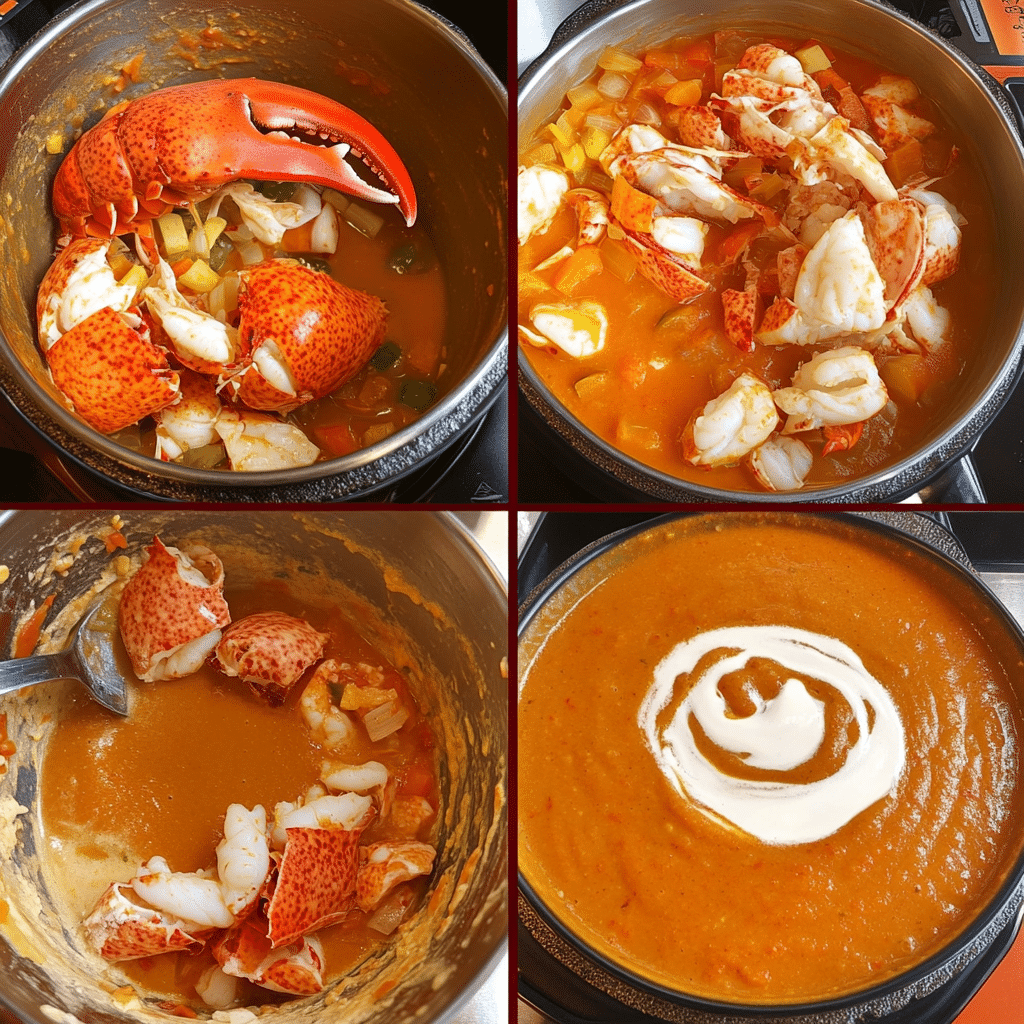 Four-panel collage showing lobster meat prep, sautéing aromatics, blending bisque, and serving finished soup