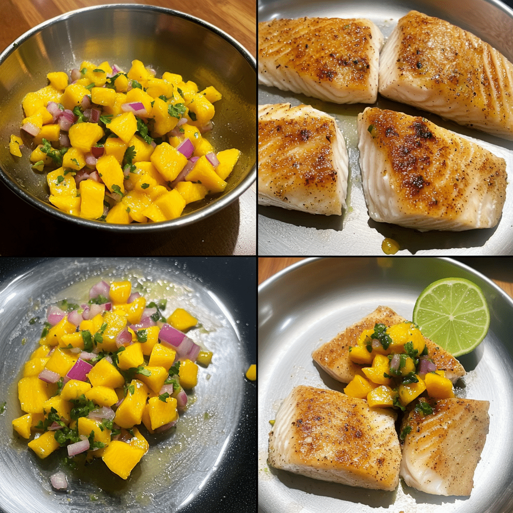 Four-panel collage of making mahi mahi with mango salsa