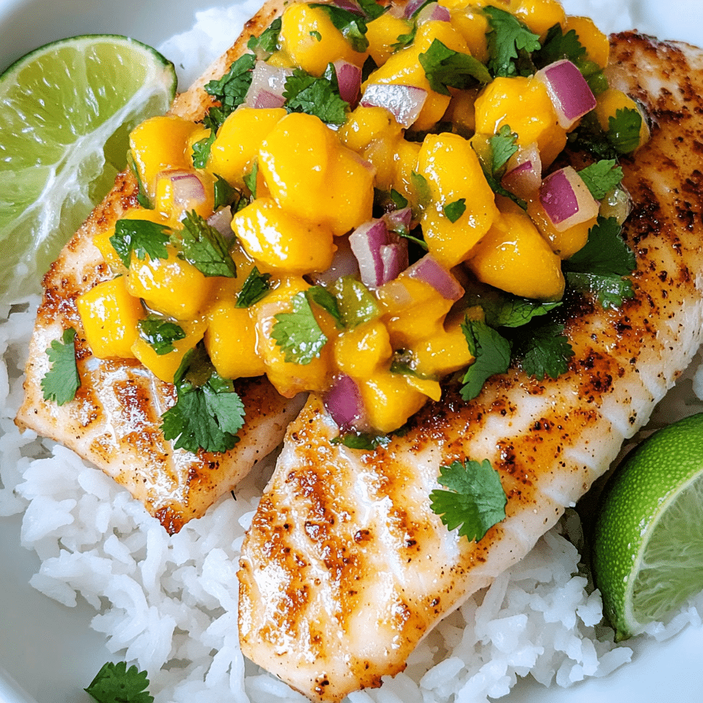 Pan seared mahi mahi topped with mango salsa and lime wedges