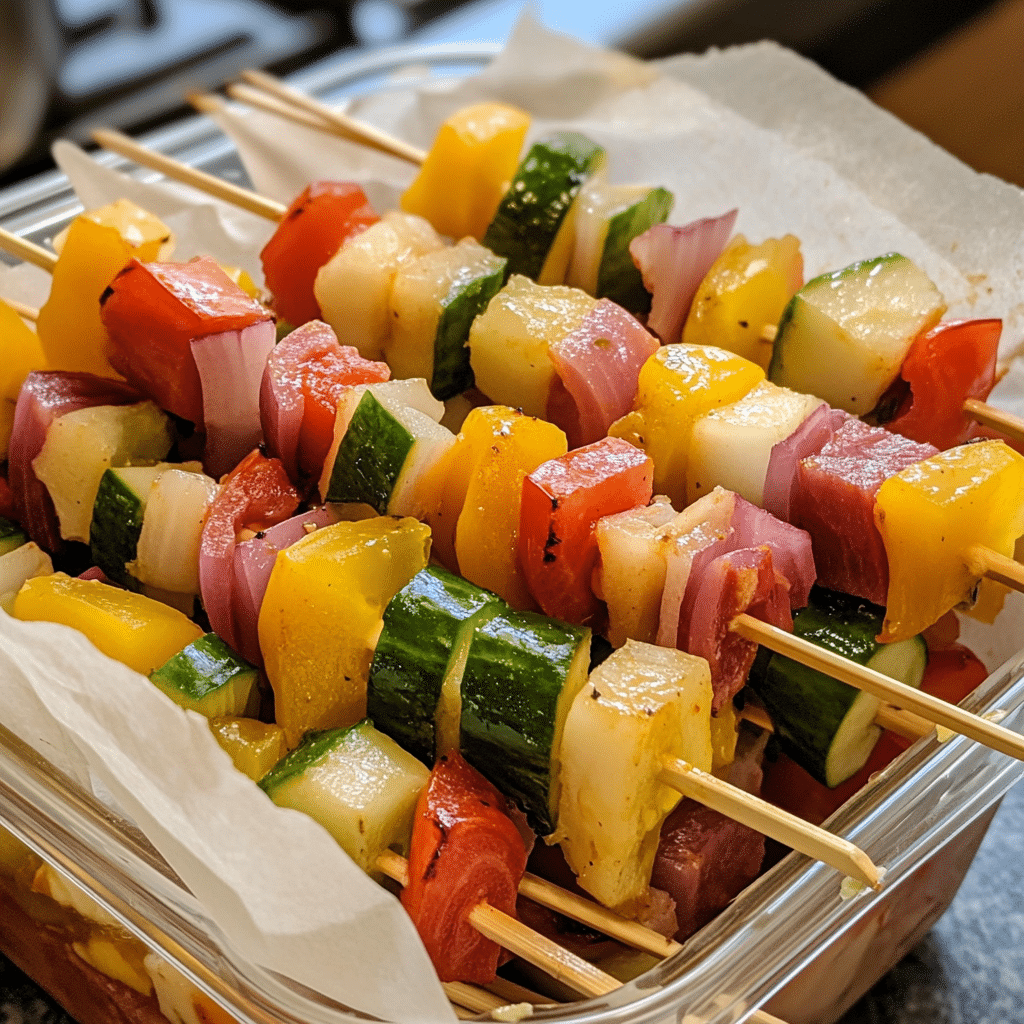 Antipasto skewers stored in a container with parchment paper