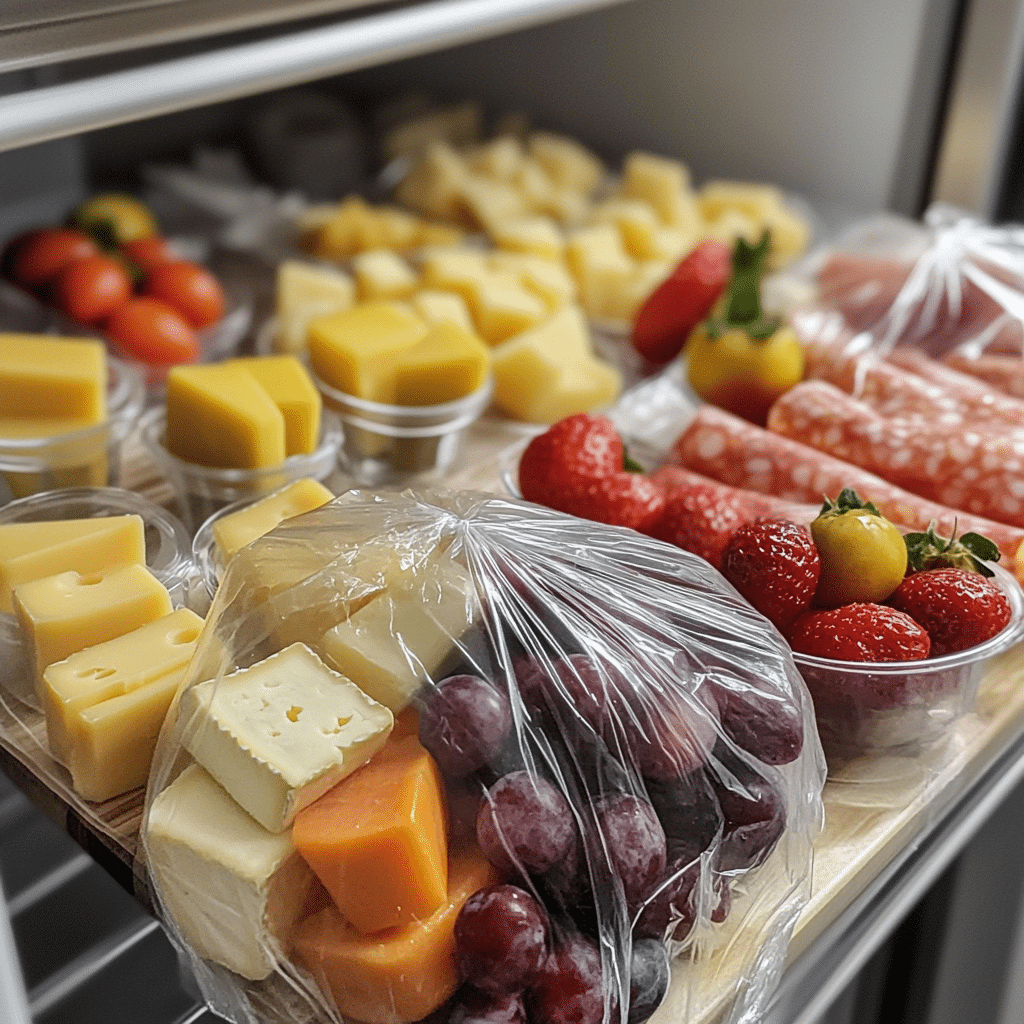 Charcuterie board wrapped and ready in the fridge