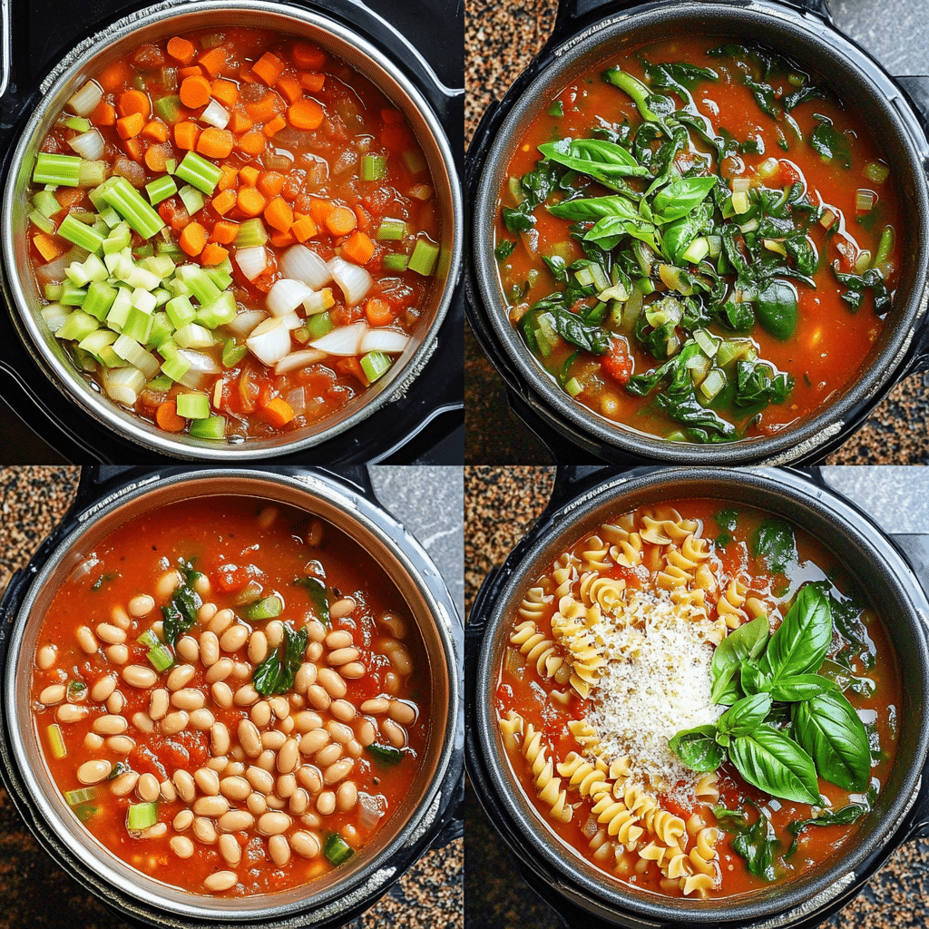 Four-panel collage of cooking vegetarian minestrone soup in a pot and serving in bowls