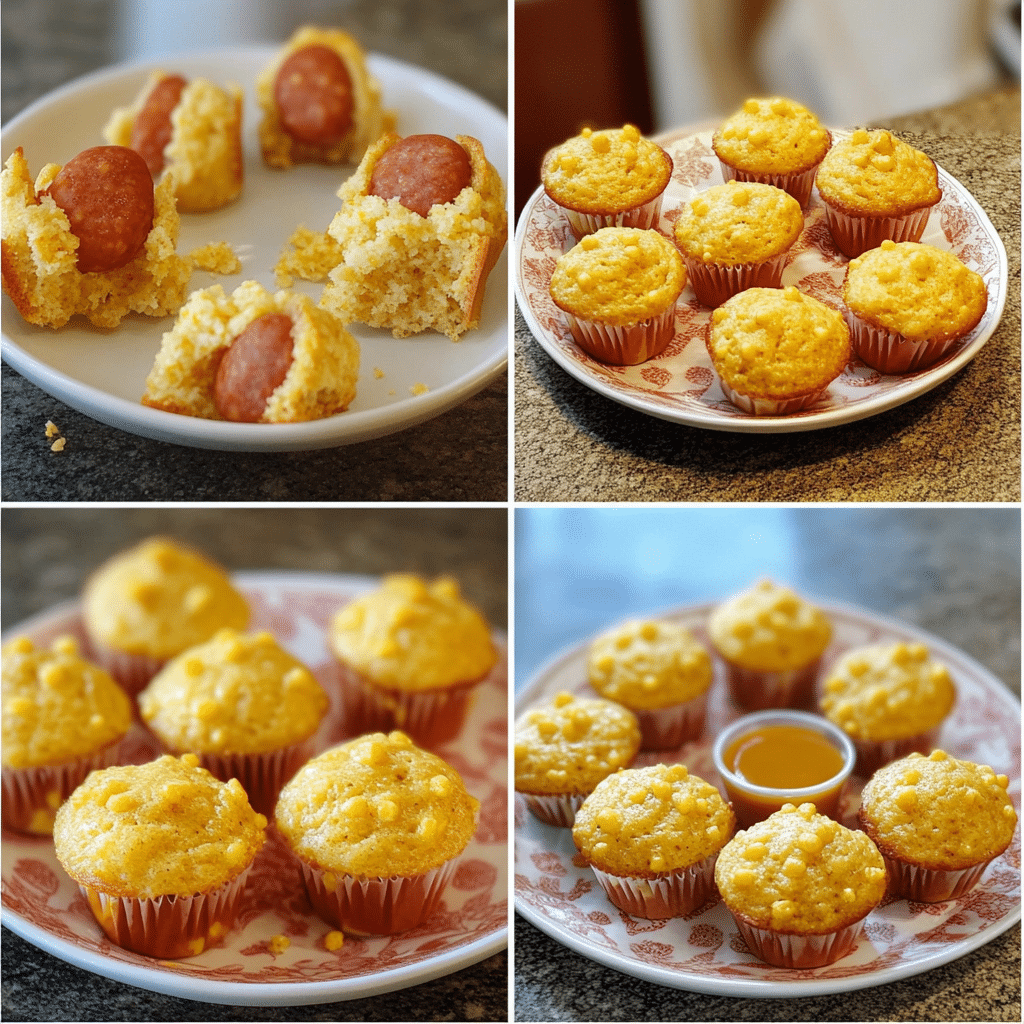 Four-panel collage showing mixing dry ingredients, mixing wet ingredients, filling mini muffin pan with batter and sausage, and finished mini corn dog muffins with sauces