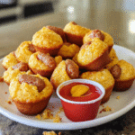 Close-up of mini corn dog muffins on a plate with dipping sauces