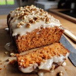 Close-up of carrot cake loaf with cream cheese glaze and chopped walnuts, sliced to show moist crumb with grated carrots