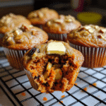 Close-up of morning glory muffins with golden tops and a cut muffin showing moist crumb with carrots and fruit