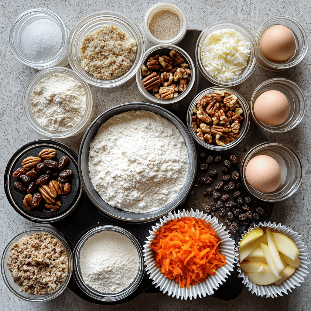 Overhead ingredients for morning glory muffins including grated carrots, grated apple, raisins, chopped nuts, flour, eggs, oil, and spices