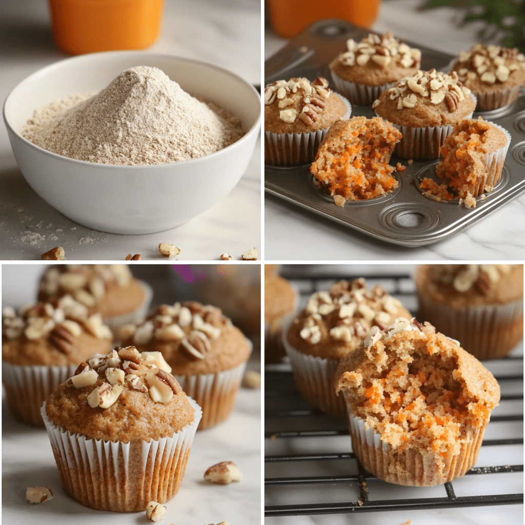 Four-panel collage showing mixing batter, folding in carrots and apple, filling muffin tin, and finished muffins cooling with moist crumb visible