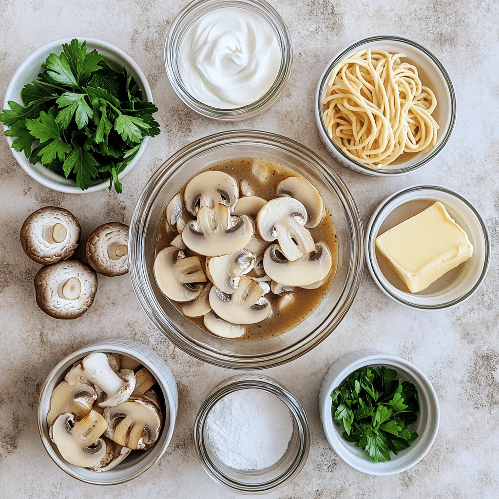 Overhead ingredients for mushroom stroganoff including mushrooms, broth, sour cream, mustard, and noodles