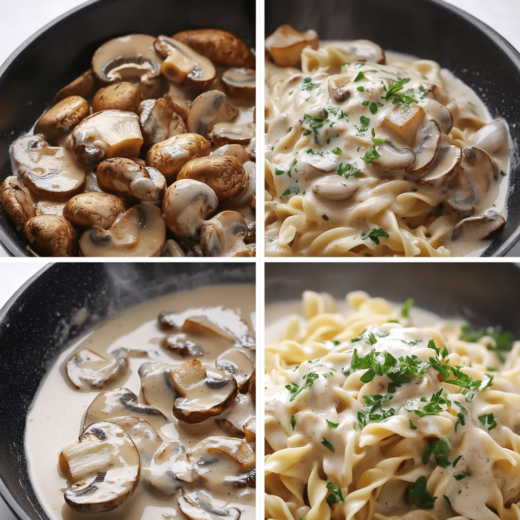 Four-panel collage showing browning mushrooms, sautéing aromatics with flour, simmering sauce with broth, and finished mushroom stroganoff with noodles