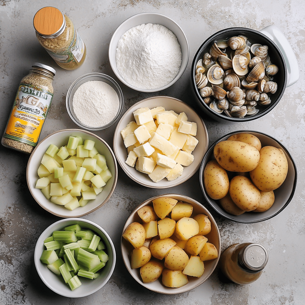 Ingredients for New England clam chowder including potatoes, clams, onion, and clam juice